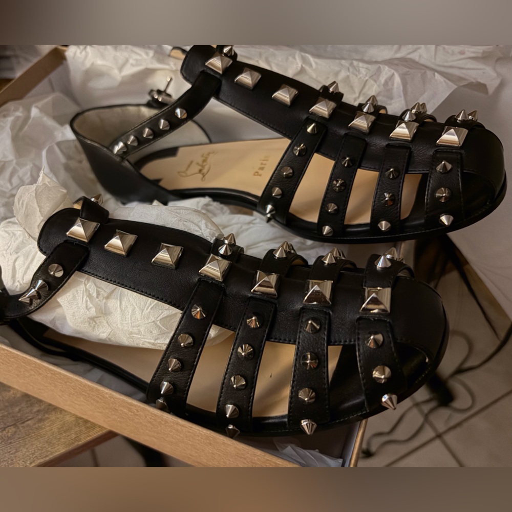 Christian Louboutin Black Studded Flat Sandals - Picture 2 of 3